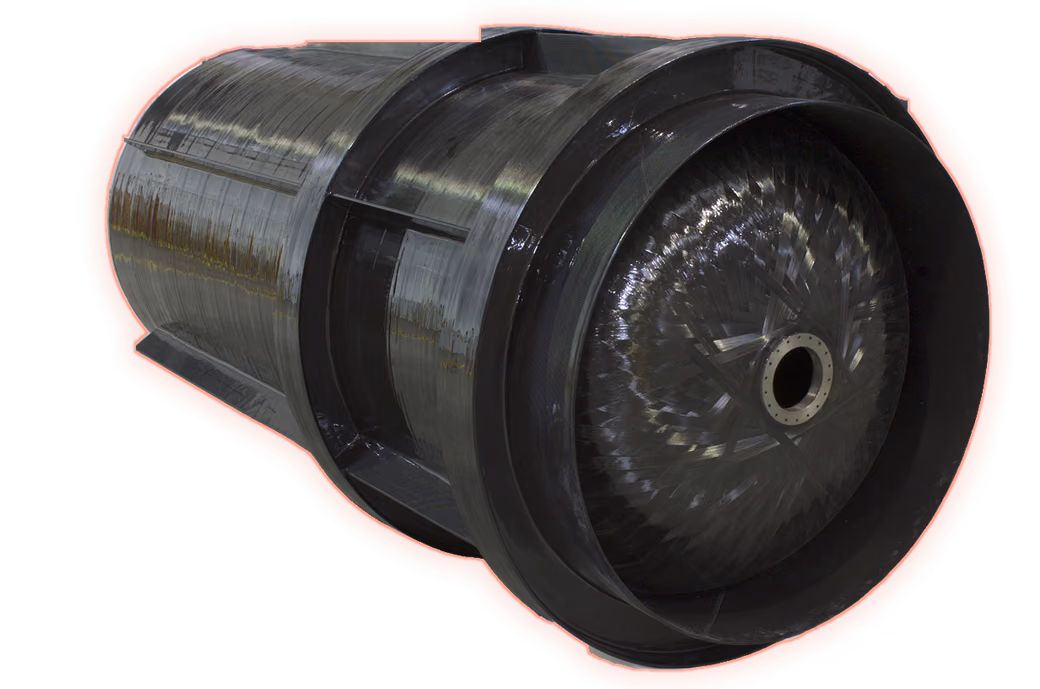 All-composite Type-V pressure vessel with external stringers and a threaded polar boss, photographed in the Scorpius shop